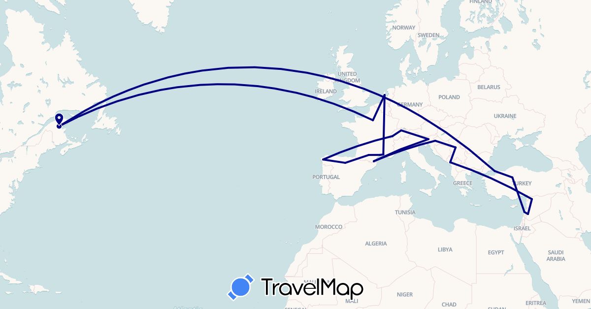 TravelMap itinerary: driving in Canada, Switzerland, Spain, France, Croatia, Lebanon, Montenegro, Netherlands, Serbia, Slovenia, Syria, Turkey (Asia, Europe, North America)